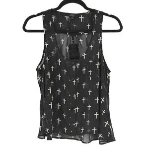 Black Cross Print Sheer Button Front Tank Top Size L Witchy Goth Fairy Grunge